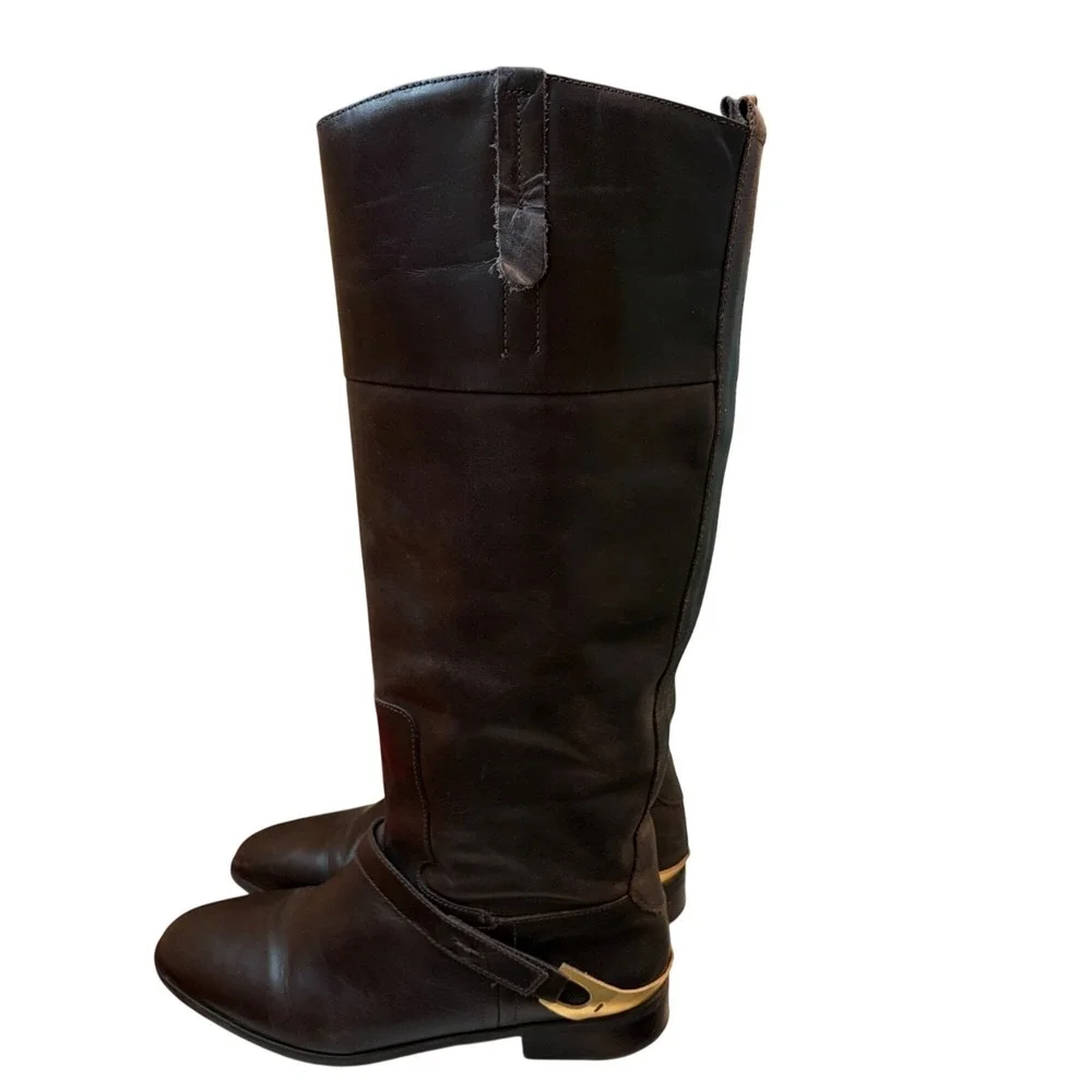 Brown Knee-High Leather‎ Riding Boots Side Strap Gold Buckle Accent Women's Sz 9
